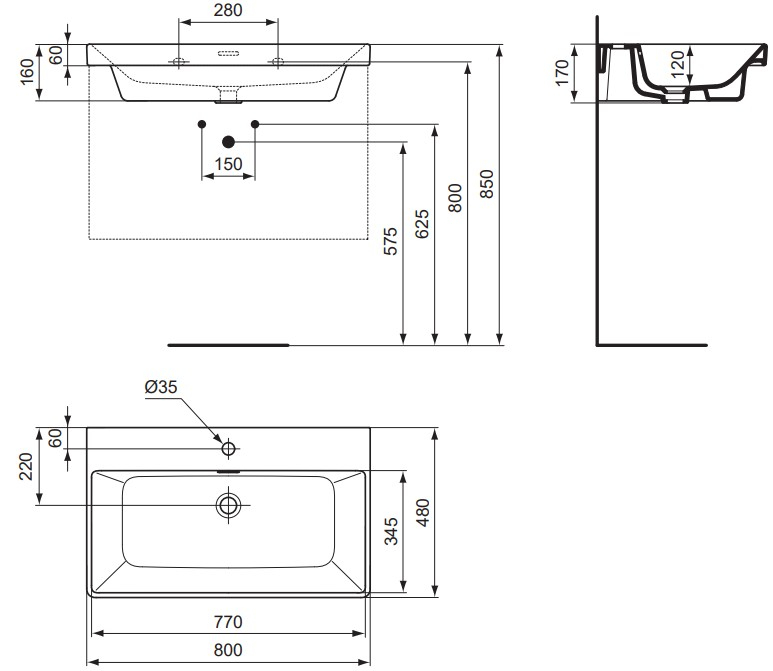 VIGOUR Möbelwaschtisch derby V3 80x48cm PflegetectPlus weiss mit Hahnloch und Überlauf