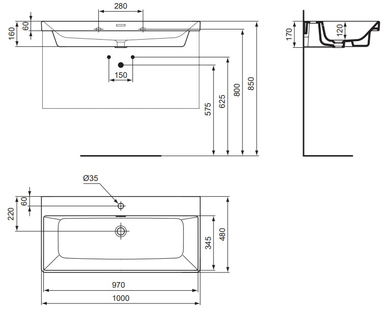 VIGOUR Möbelwaschtisch derby V3 100x48cm PflegetectPlus weiss mit Hahnloch und Überlauf