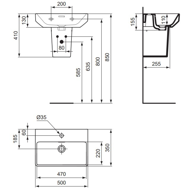 VIGOUR Handwaschbecken derby V3 edge 50x35cm mit Hahnloch und Überlauf