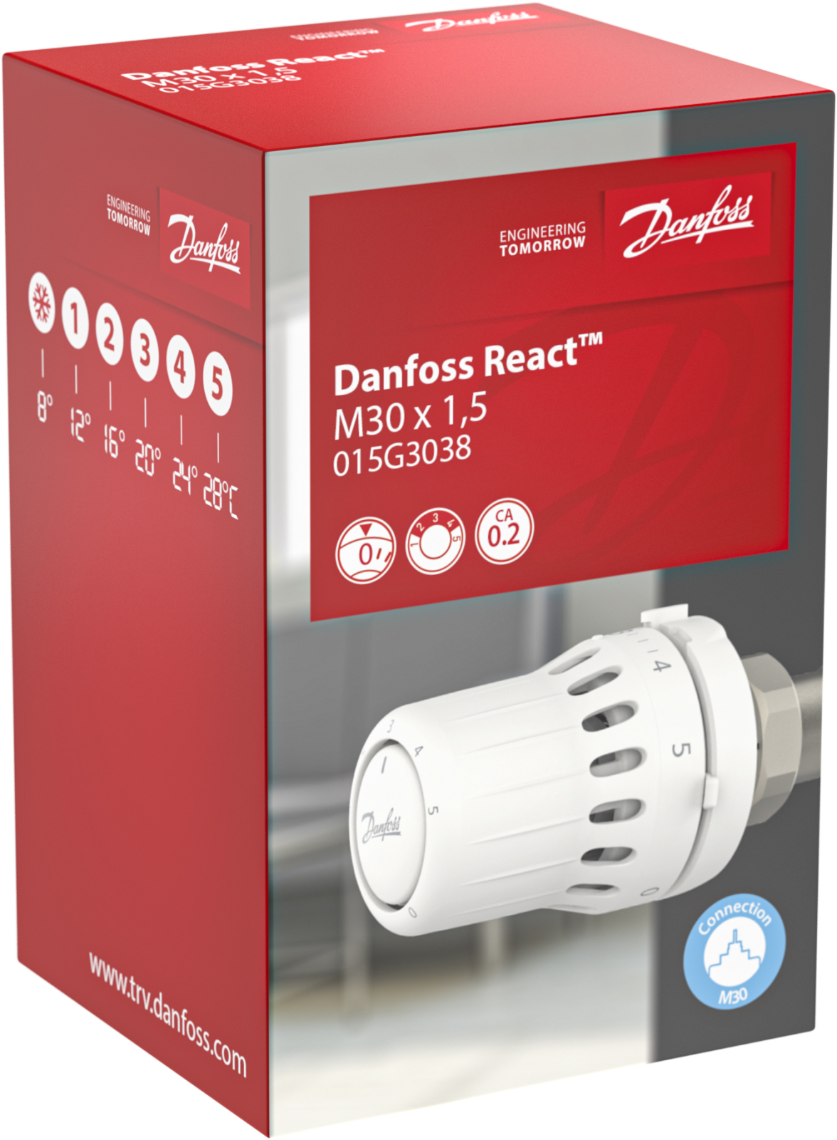 Danfoss Thermostatkopf React M30x1,5, Fühler, 8-28°C, mit Frostschutzfunktion und Nullstellung