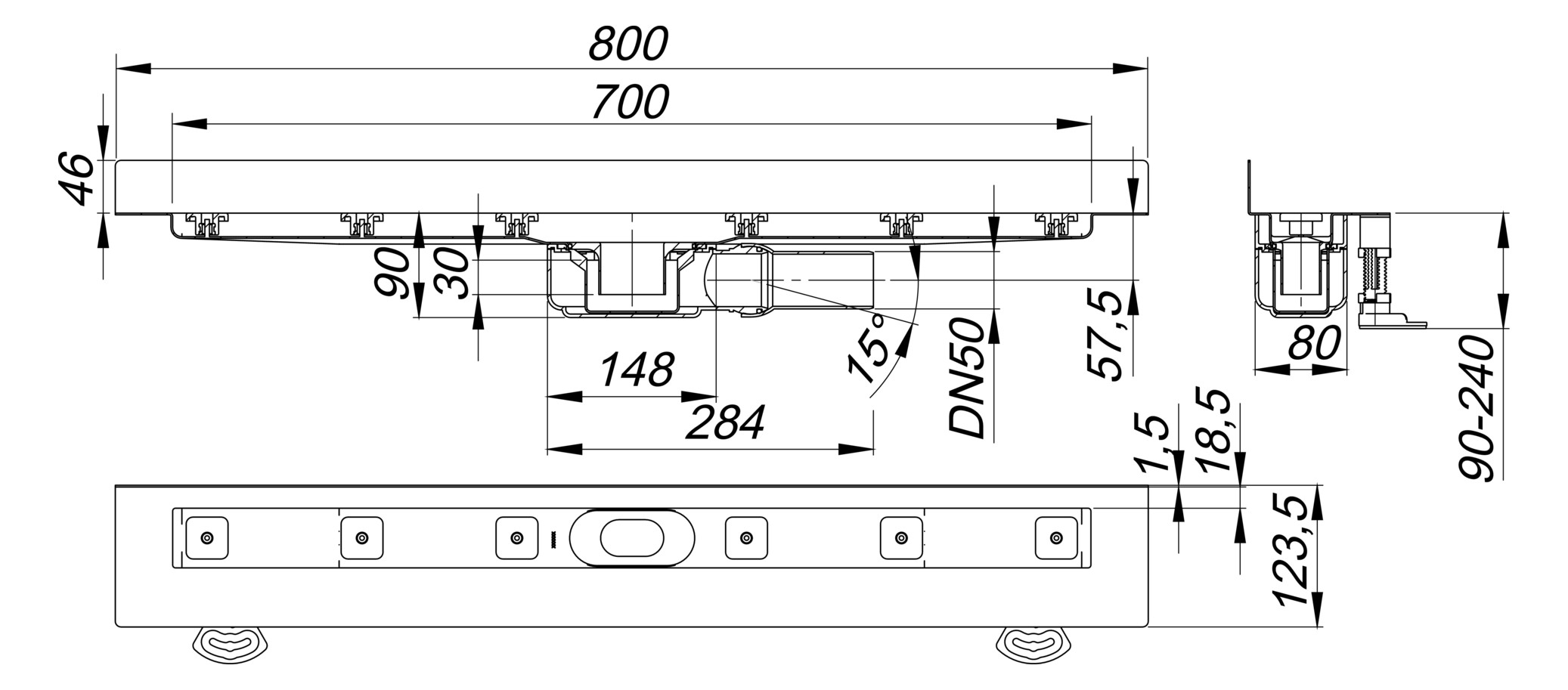 DALLMER Duschrinne CeraLine Plan W 700 mm BH 90 mm mit 1 Ablaufgehäuse, Wand 523136 - Bild 2