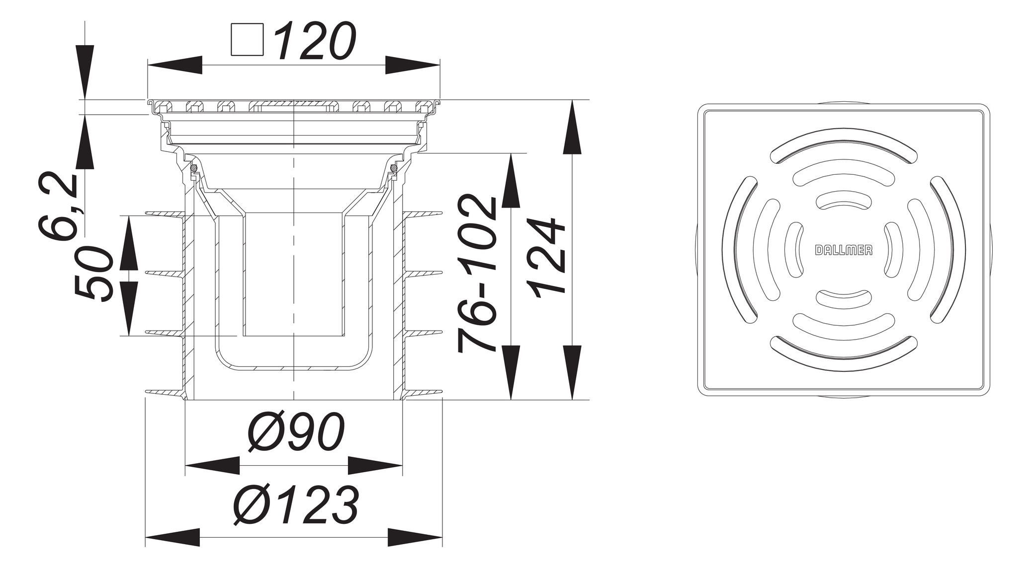 DALLMER Bodenablauf Pronto DN 125 zum Einstecken Edelstahl-Rost 120x120 mm 700087 - Bild 2