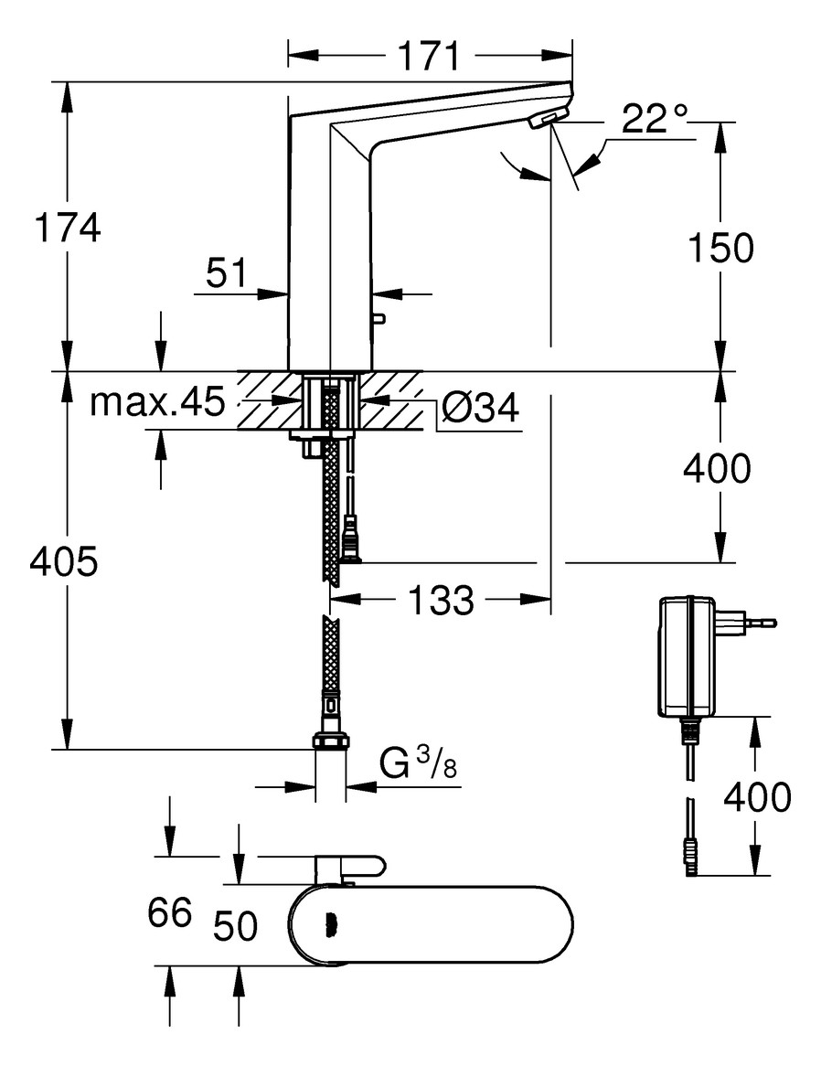 GROHE WT-IR-Elektronik Eurosmart CE L-Size mit Mischung 230V chrom 36421001 - Bild 2