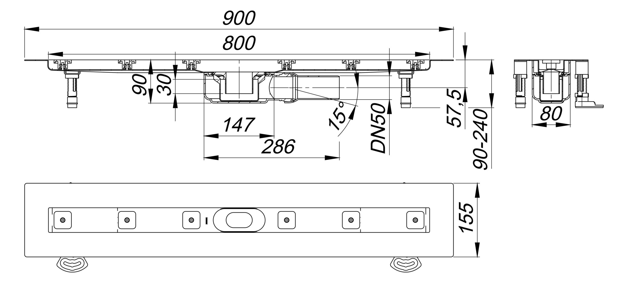 DALLMER Duschrinne CeraLine Plan F 800 mm BH 90 mm mit 1 Ablaufgehäuse, Fläche 523044 - Bild 2
