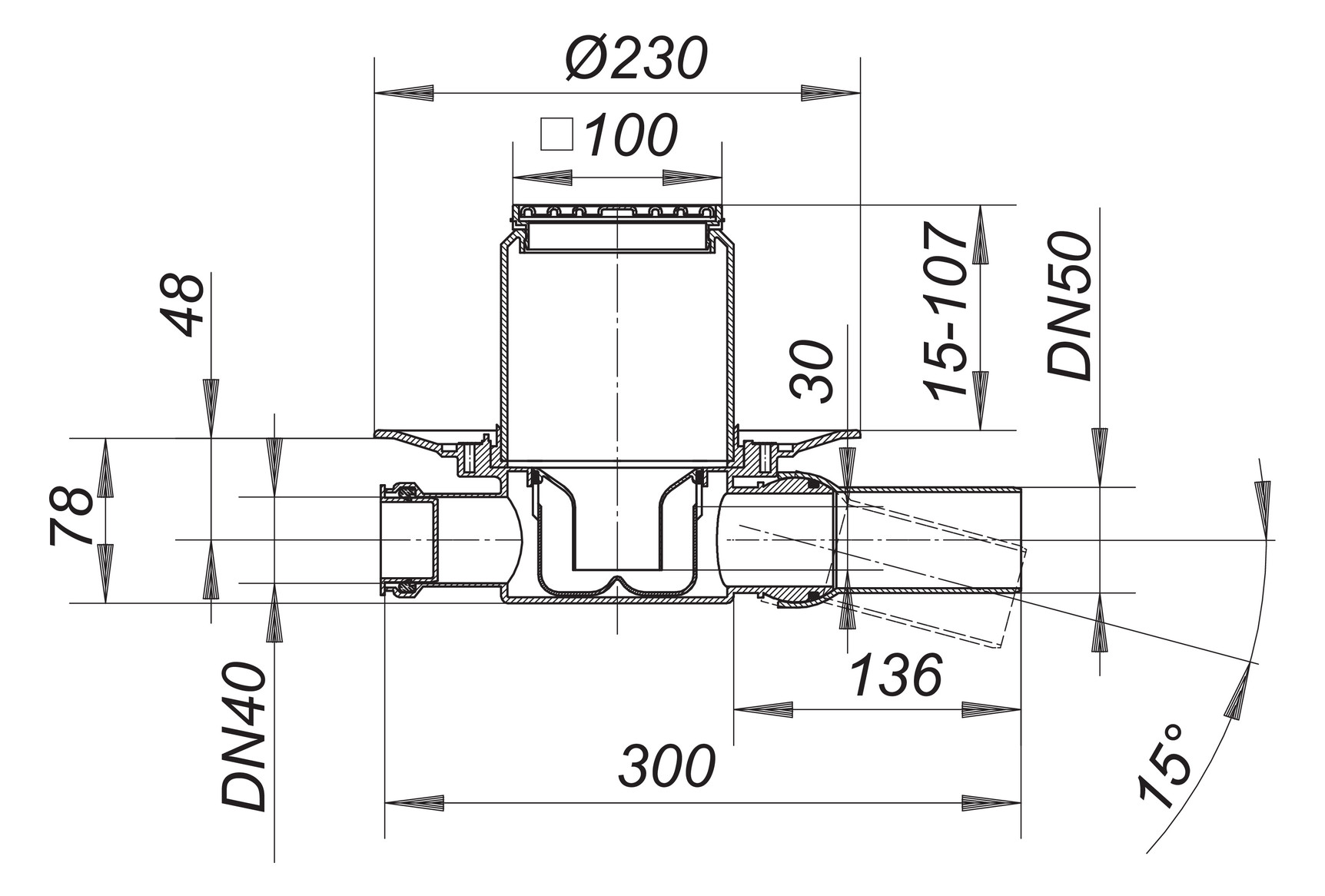 DALLMER Bodenablauf 42 SE Zulauf DN 40 Ablaufstutzen DN 50 Edelstahl-Rost 100x100 mm 420121 - Bild 2