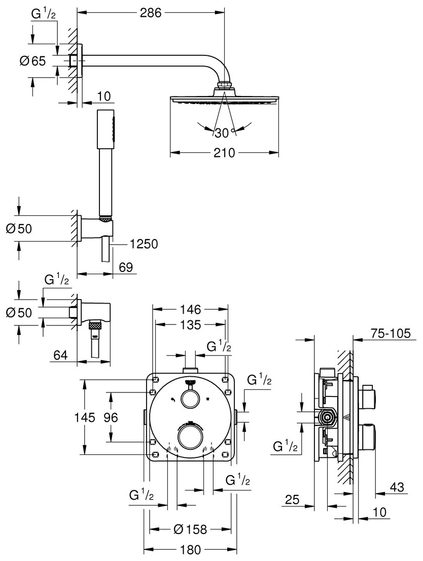 GROHE UP-Duschsystem Grohtherm mit FMS rund/SmartBox/Kopfbrause/Brauseset chrom 34732000 - Bild 2