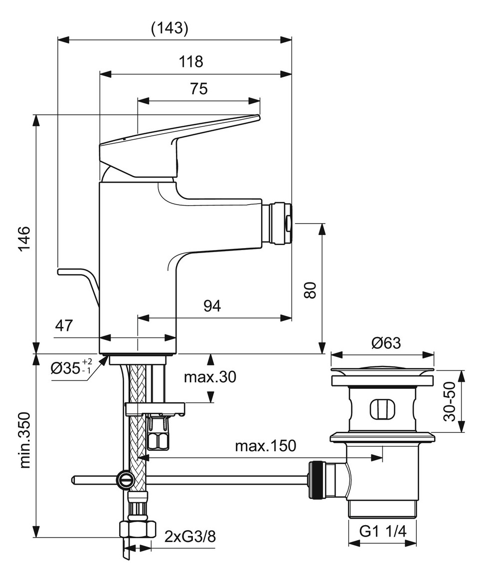 Ideal Standard Ceraplan Bidetarmatur Chrom mit Zugknopf-Ablaufgarnitur BD278AA - Bild 5