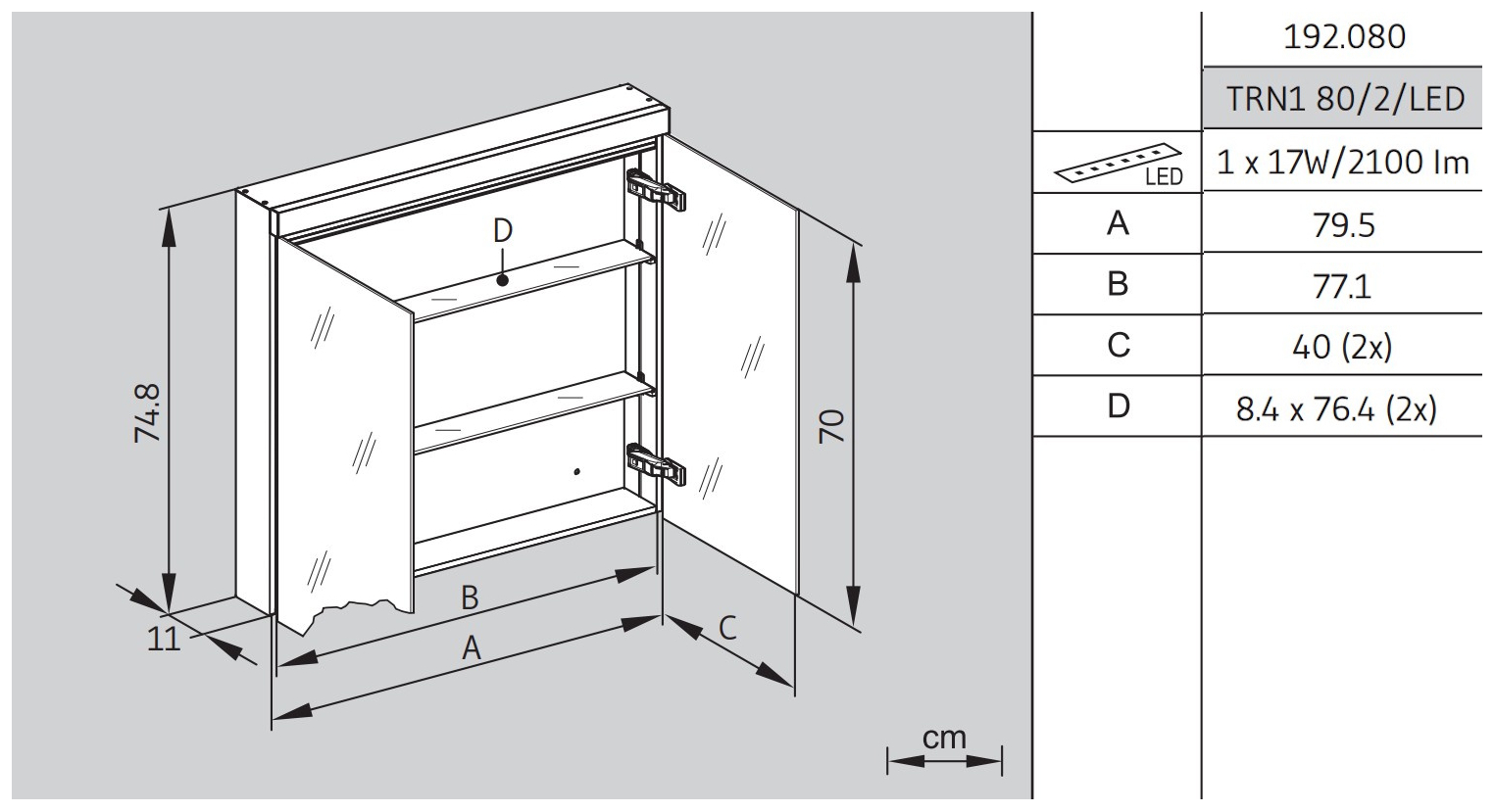 TRINNITY LED-Spiegelschrank 2-türig 800x748x120/135, dimmbar 4000K, aus Aluminium weiß beschichtet