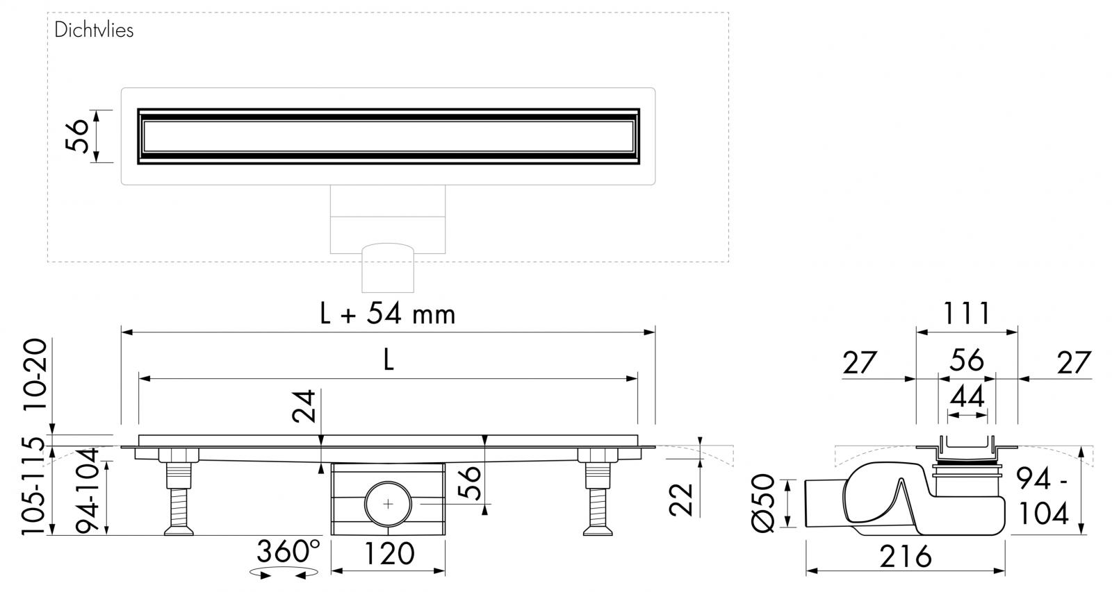 VIGOUR Duschrinne individual Kunststoff 1000 mm inkl. Füße, 2 Siphons und Wenderost Edelstahl - Bild 3