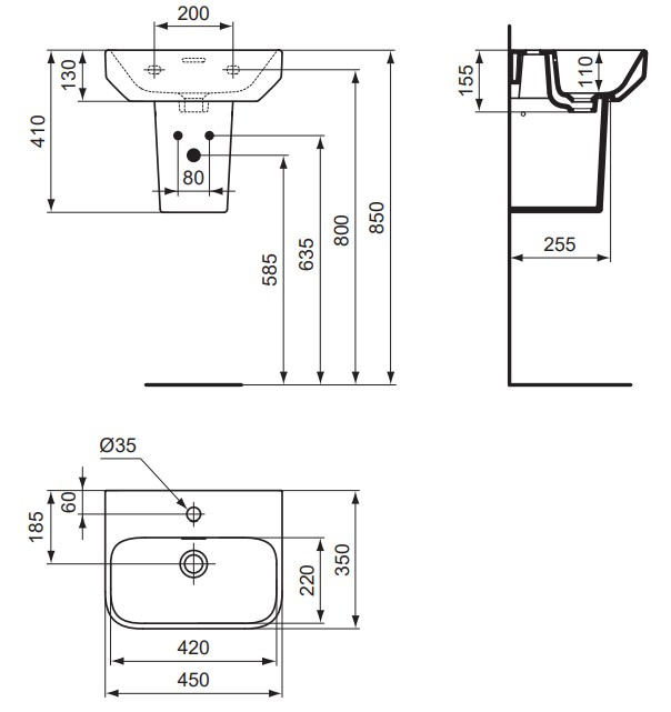 VIGOUR Handwaschbecken derby V3 45x35cm mit Hahnloch und Überlauf