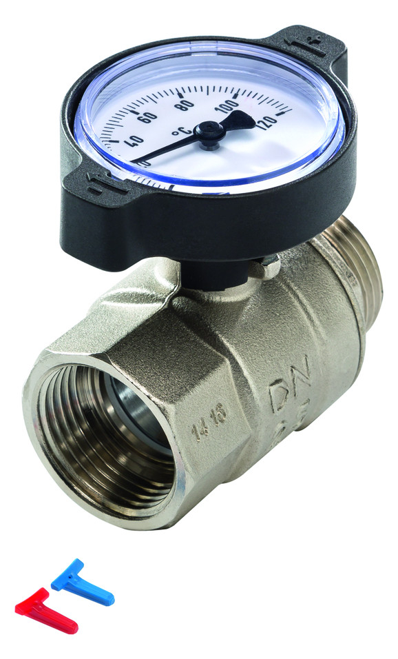 TECEfloor Kugelhahn mit Thermometer, 1'' Clips rot/blau, Rp 1'' x R 1'' mit Flachdichtung - Bild 1