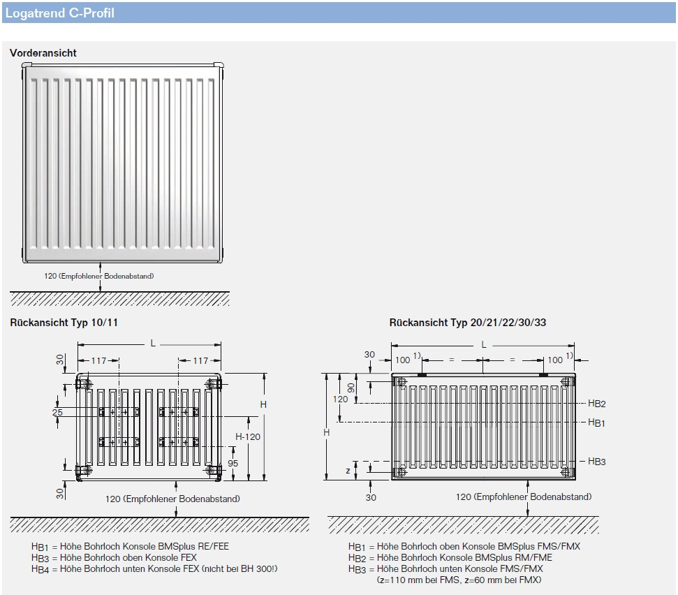 Buderus C-Profil Typ 11, 600x1200mm Logatrend Kompaktheizkörper inkl. Montage-System FEX, Stopfen - Bild 4