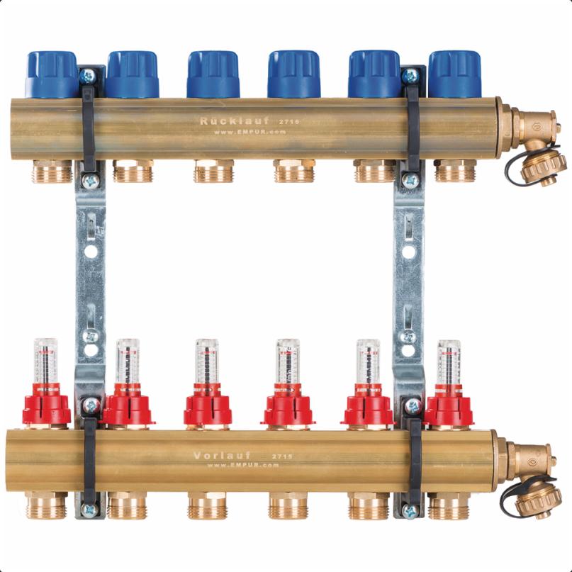 Empur Messing-Verteiler FBH 1'' HKV-D 12 Heizkreise mit DFM vormontiert BL 650mm 221246 - Bild 1