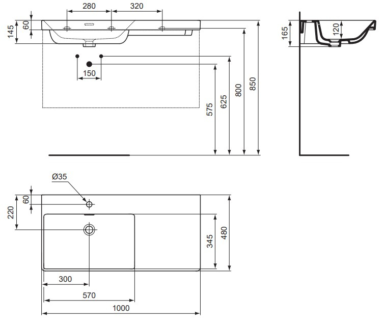 VIGOUR Möbelwaschtisch derby V3 100x48cm asymmetrisch PflegetectPlus weiss mit Hahnloch und Überlauf