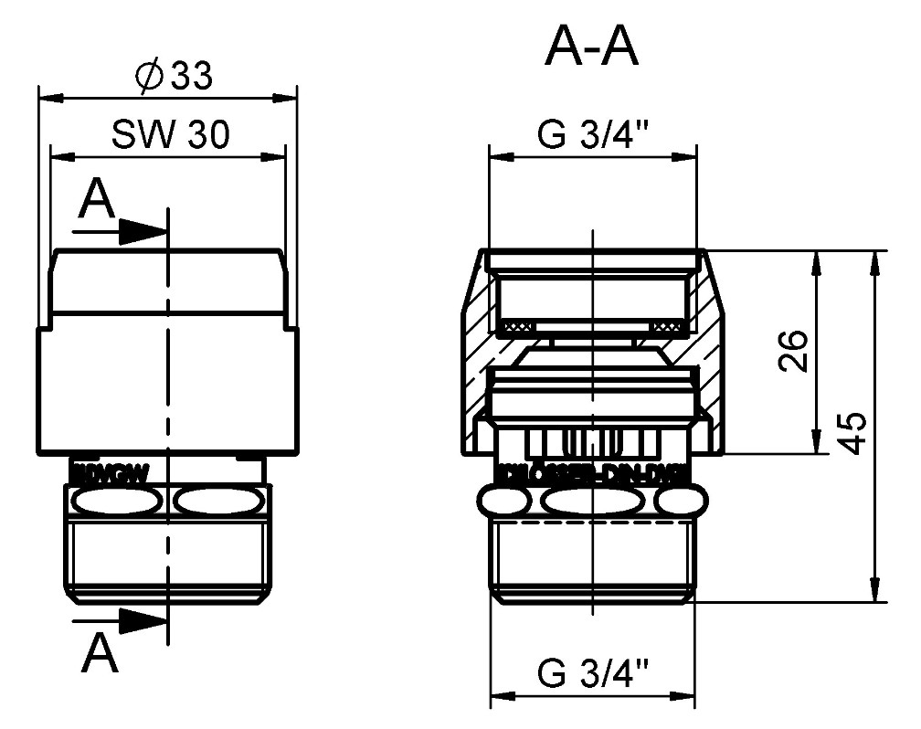 Schlösser Rohrbeluefter 1/2'' (3/4'' IG x 3/4'' AG) in Durchflussform verchromt - Bild 2