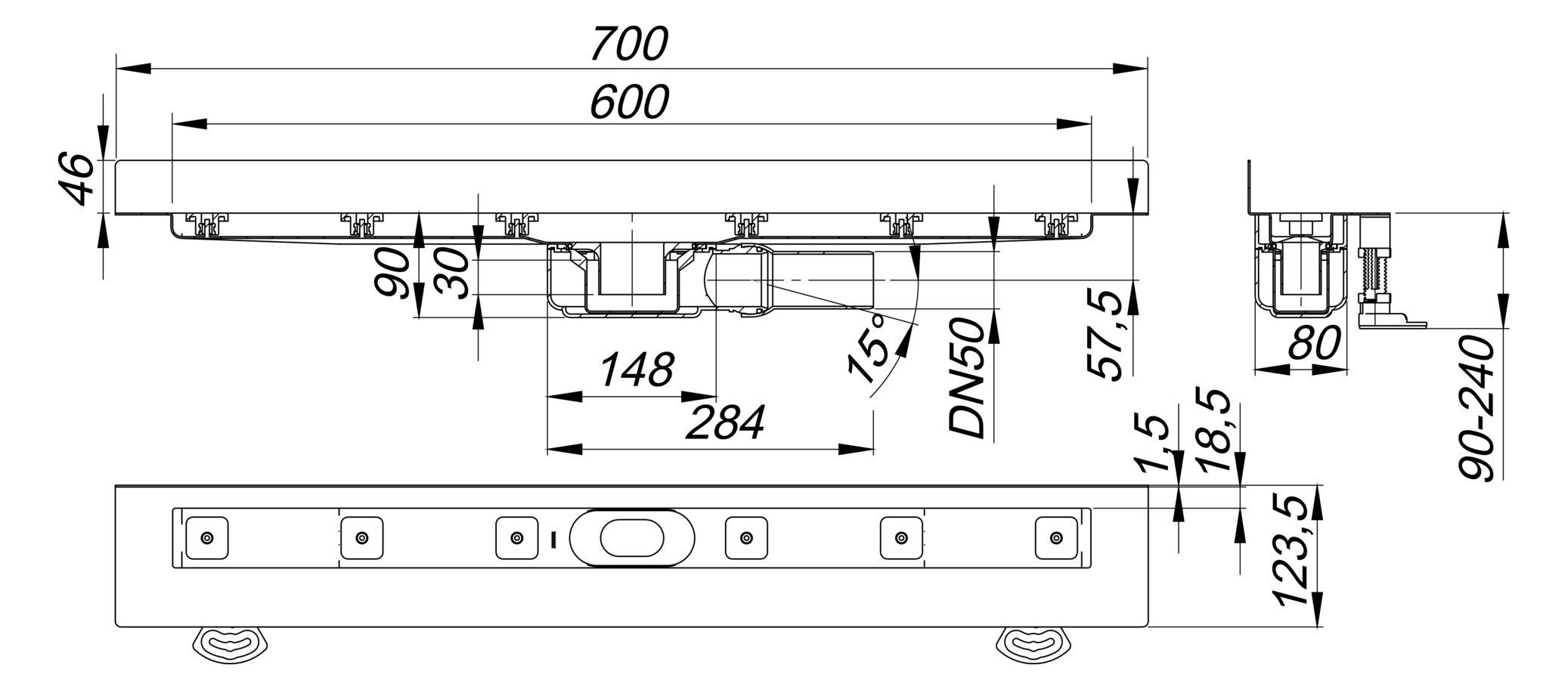 DALLMER Duschrinne CeraLine Plan W 600 mm BH 90 mm mit 1 Ablaufgehäuse, Wand 523129 - Bild 2