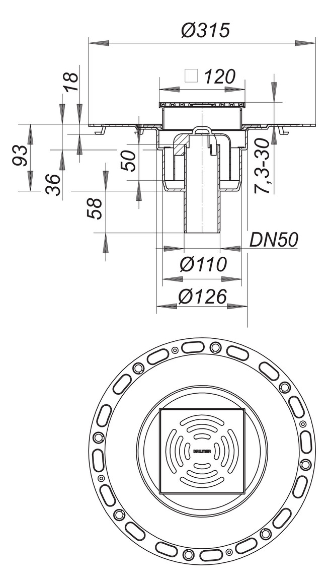 DALLMER Bodenablauf TistoPlan K12 Ablauf DN 50 senkrecht, Rahmen ABS 120x120mm 513472 - Bild 2
