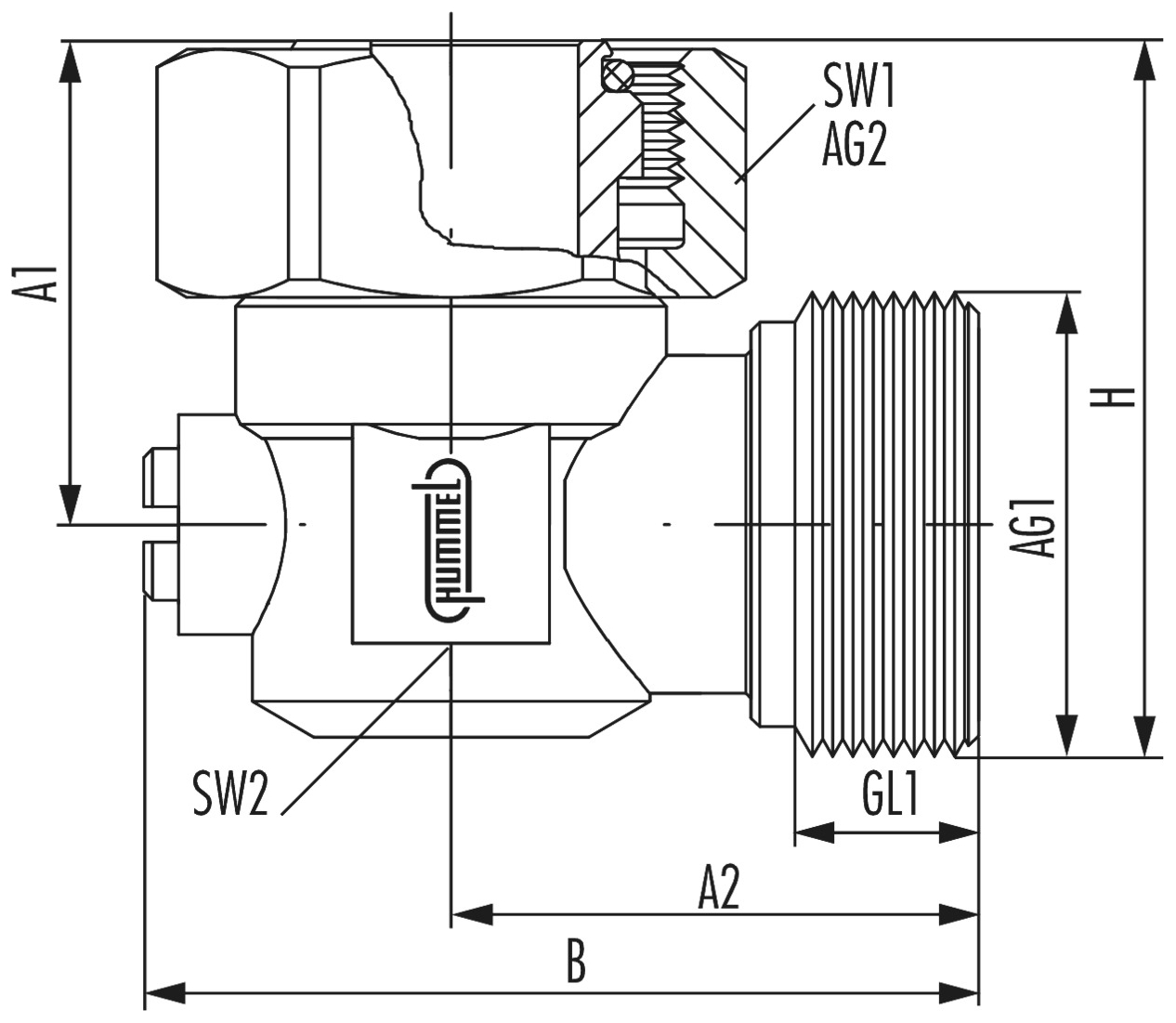 Hummel Einzel-Kugelhahn 3/4'' AG Eck mit Ueberwurfmutter 3/4'' 2256843401 - Bild 2