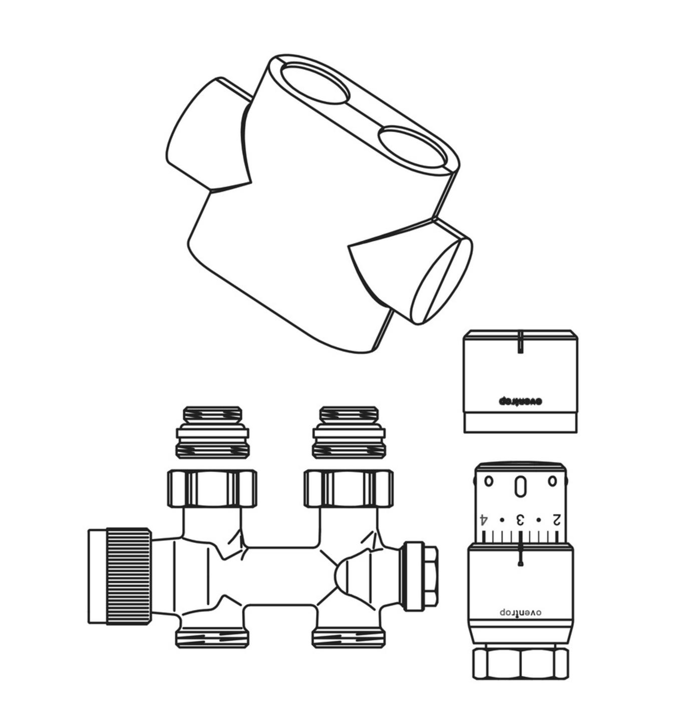 Multiblock-T-Anschluss-Set, Durchgang verchromt, mit Thermostatkopf Uni SH, für Badheizkörper - Bild 2