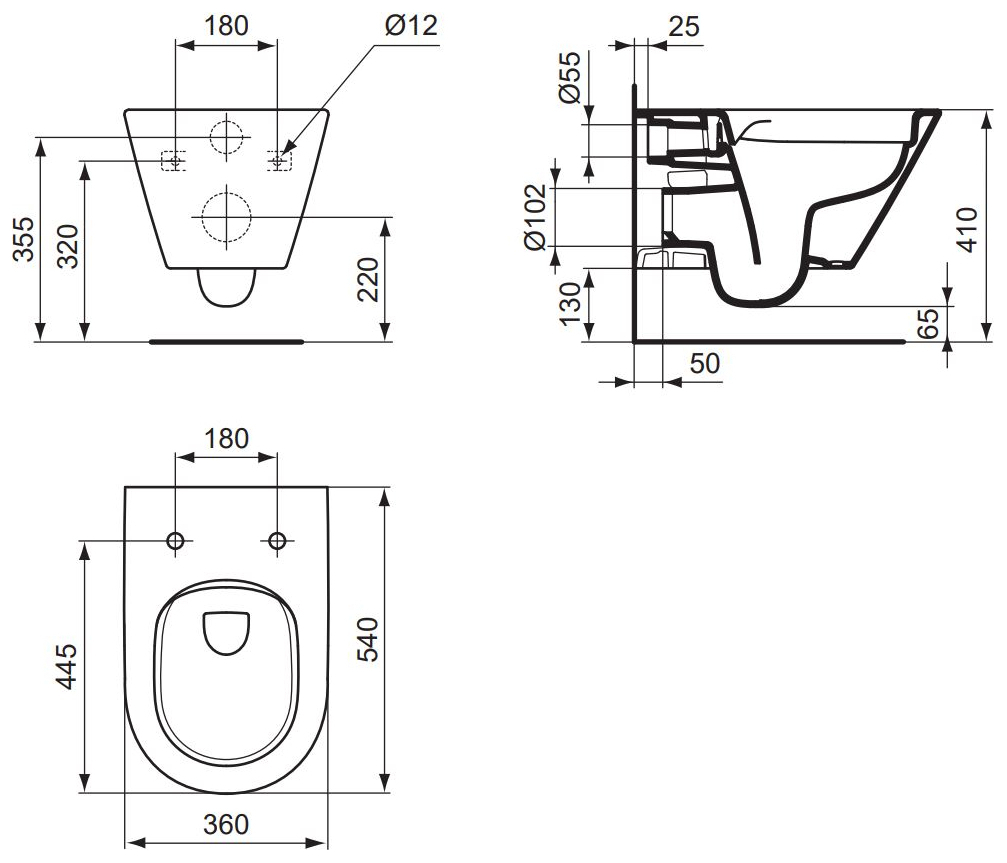 VIGOUR Wand-Tiefspül-WC derby V3 PflegetectPlus weiss, spülrandlos, WC Sitz mit Absenkautomatik