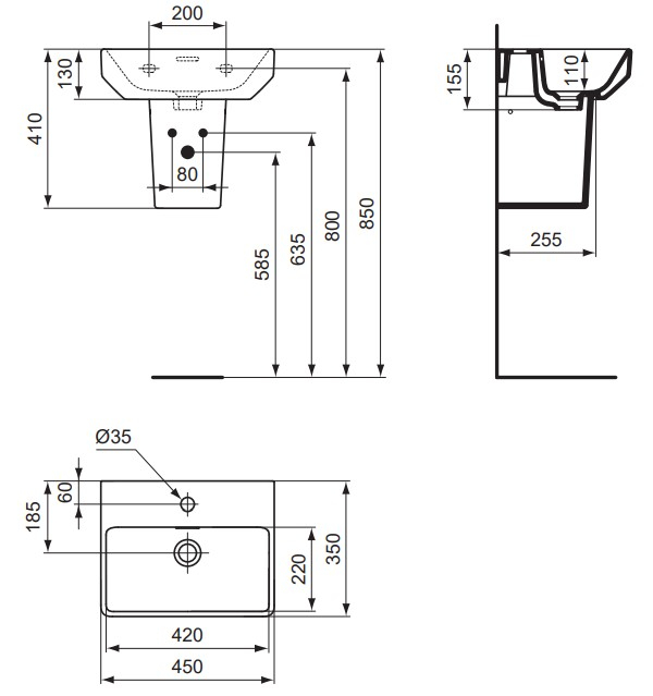 VIGOUR Handwaschbecken derby V3 edge 45x35cm mit Hahnloch und Überlauf
