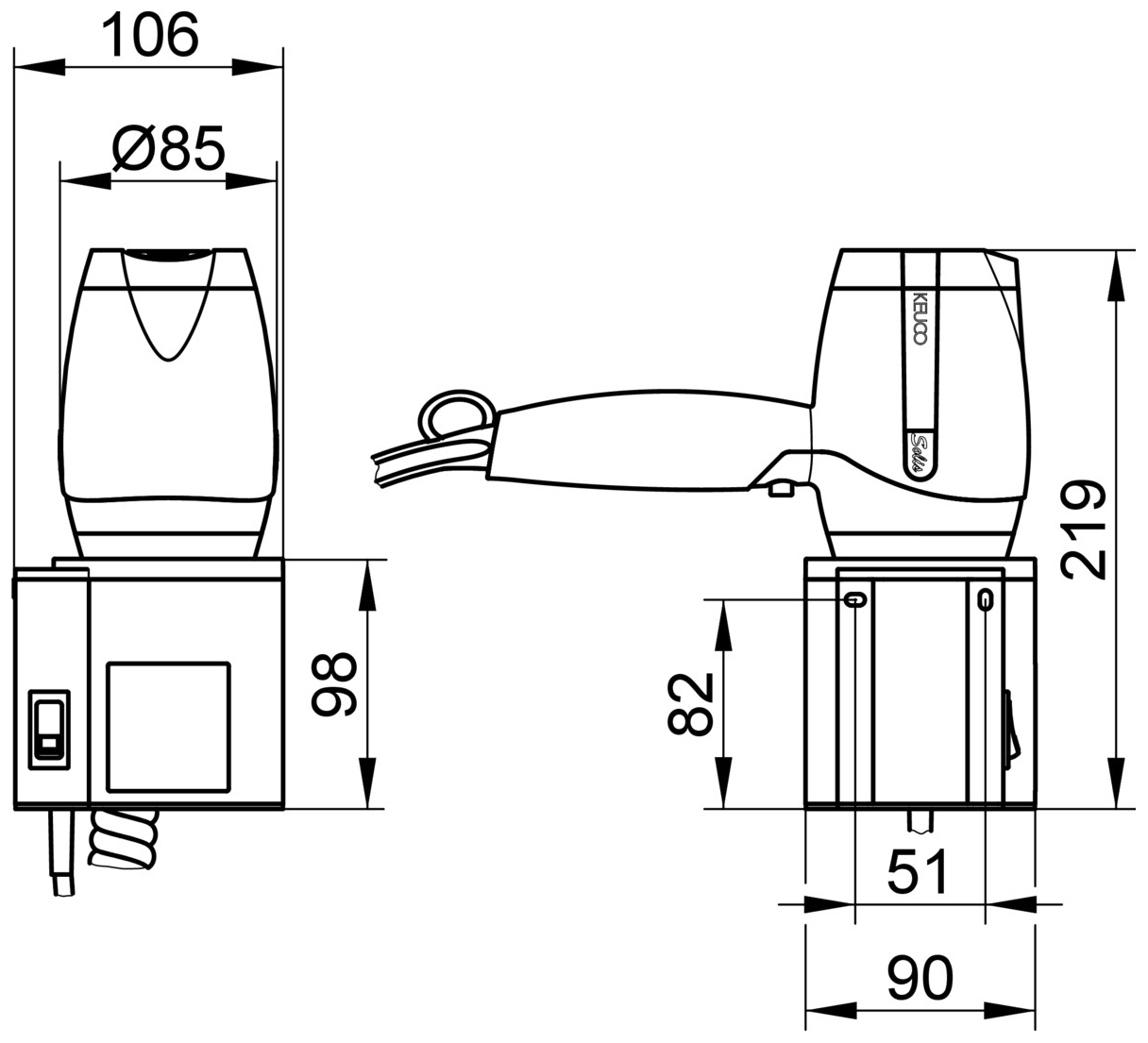 Keuco Haartrockner Plan 14995, silber-eloxiert/schwarzgrau, mit Halter 14995170037 - Bild 2