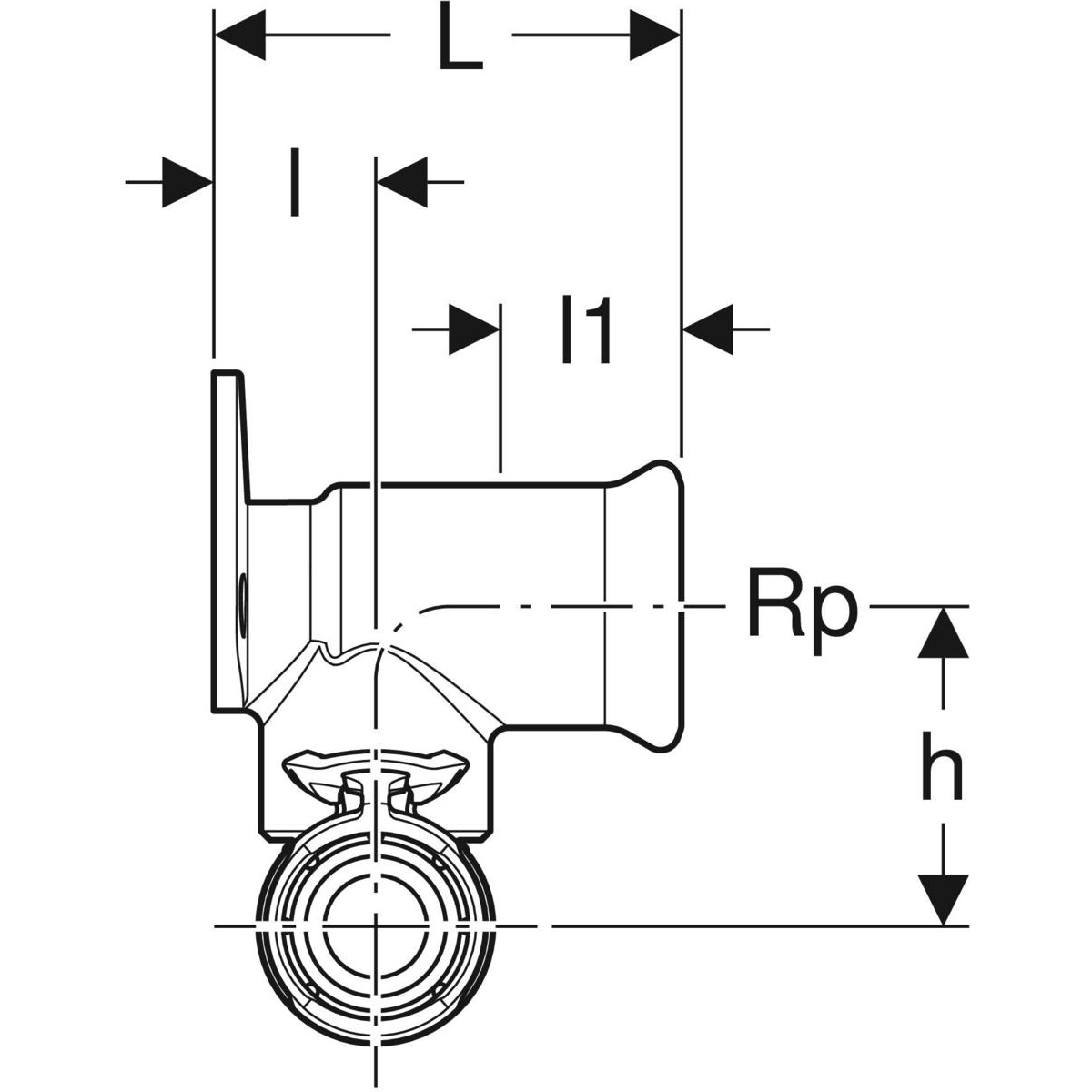 Geberit FlowFit T-Anschlusswinkel 90° abgesetzt 20mm x Rp 1/2'' x 20mm L:36mm Rotguss+ 620.951.00.1 - Bild 2