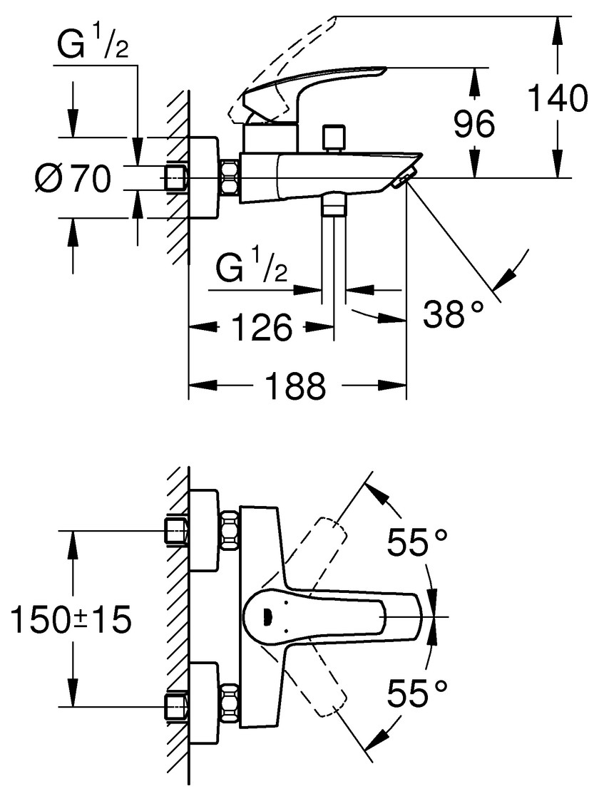 GROHE Wannenbatterie Eurosmart Wandmontage eigensicher chrom 33300003 - Bild 2
