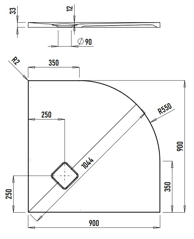 VIGOUR Viertelkreis-Duschwanne V3 Mineralguss 90x3,0cm Radius 55cm SafeStepPlus weiß matt