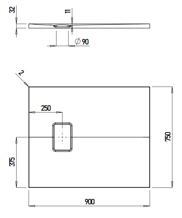 VIGOUR Duschwanne V3 Mineralguss 90x75x3,0cm mit Ablaufdeckel SafeStepPlus weiß matt