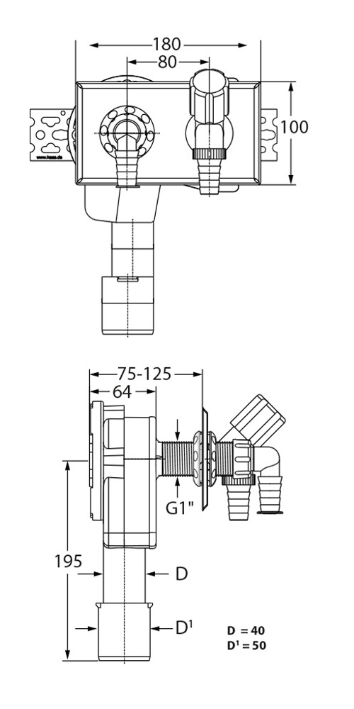 Unterputz-Waschgeräte-Siphon DN40/50 mit Geräteventil für waagerechte Montage  - Bild 2