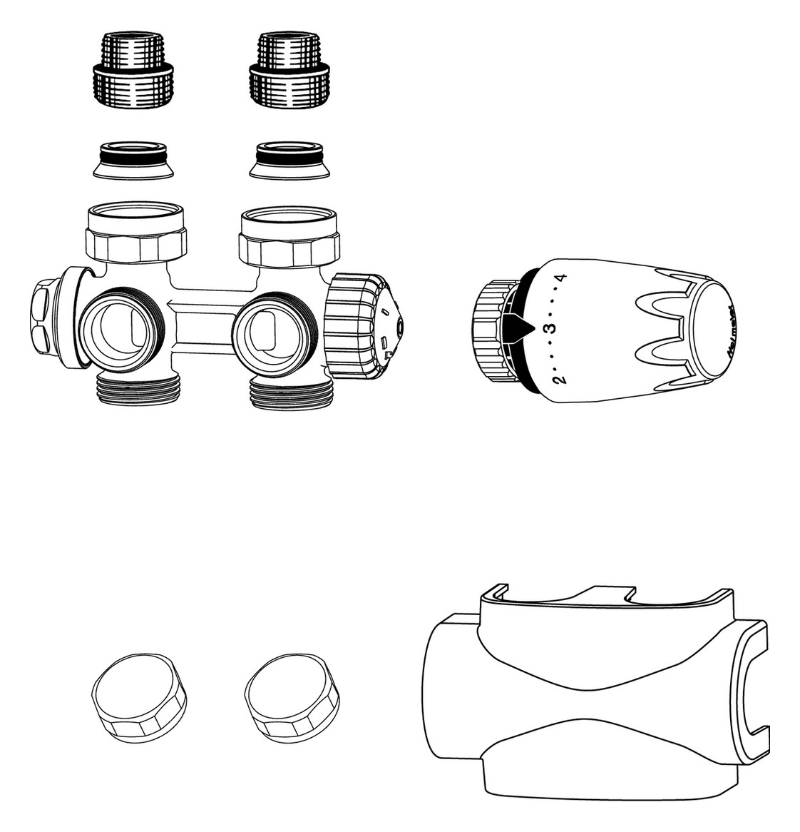Heimeier Ventil Multilux 4-Set Zweirohr, Durchgang/Eck, 1/2'' IG und 3/4'' AG, weiß 9690-27.000 - Bild 2