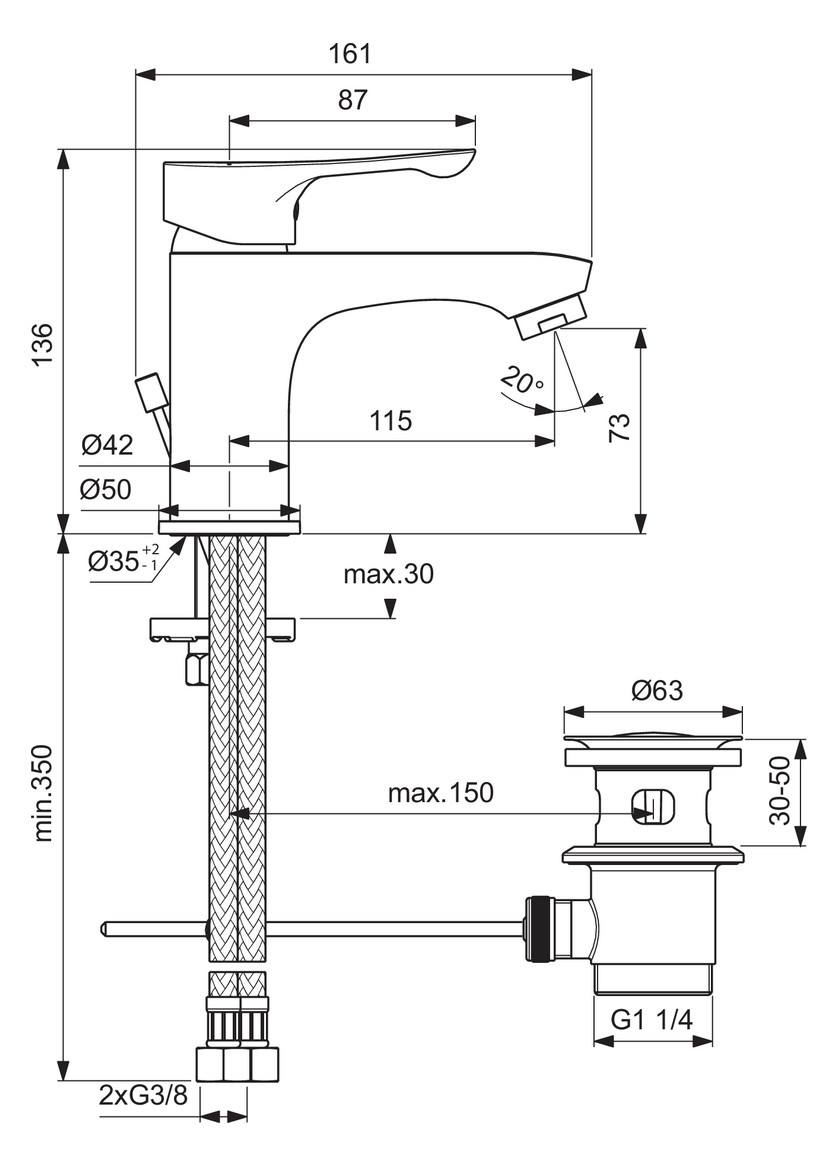 Ideal Standard Waschtischarmatur ALPHA chrom, mit Ablaufgarnitur BC647AA - Bild 2