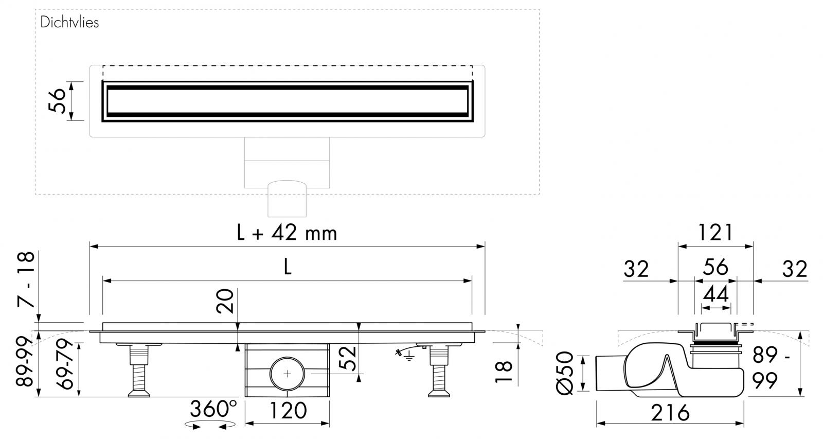 VIGOUR Duschrinne individual Edelstahl 600 mm mit Wandadaper, inkl. Füße, 2 Siphons, Spwh.50mm - Bild 3