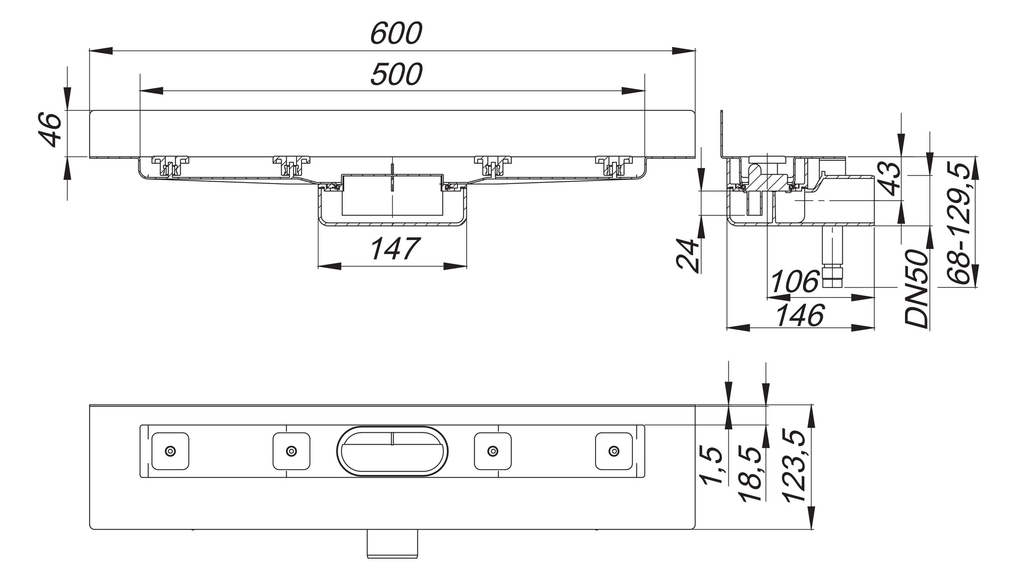 DALLMER Duschrinne CeraLine Nano W 500 mm BH 68 mm mit 1 Ablaufgehäuse, Wand 523006 - Bild 2