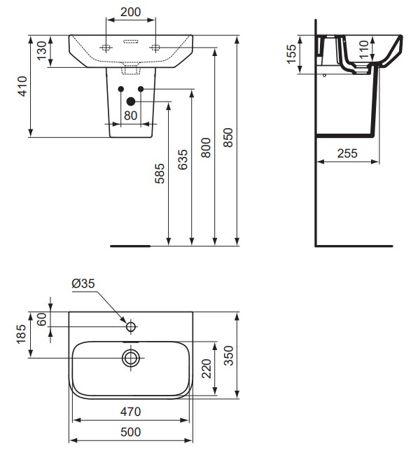 VIGOUR Handwaschbecken derby V3 50x35cm mit Hahnloch und Überlauf