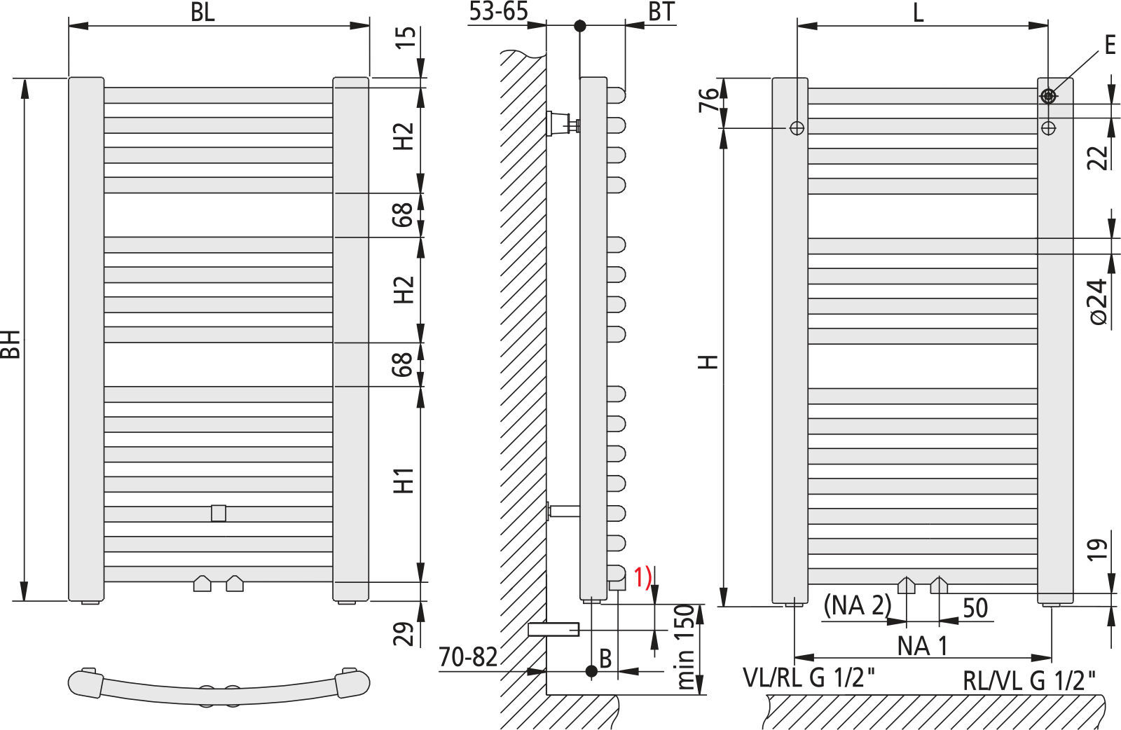 Kermi Badheizkörper Basic-50R gebogen 1770 x 51 x 450 mm QN767 weiß RAL 9016, ER01M1800452XXK