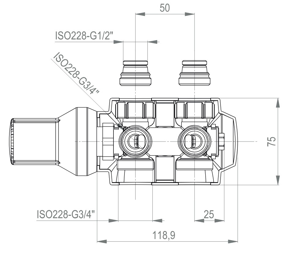 Universal-Mittenanschlussarmatur Hahnblock-Set weiß Durchgang/Eck 50mm x 1/2'' IG x 3/4'' AG