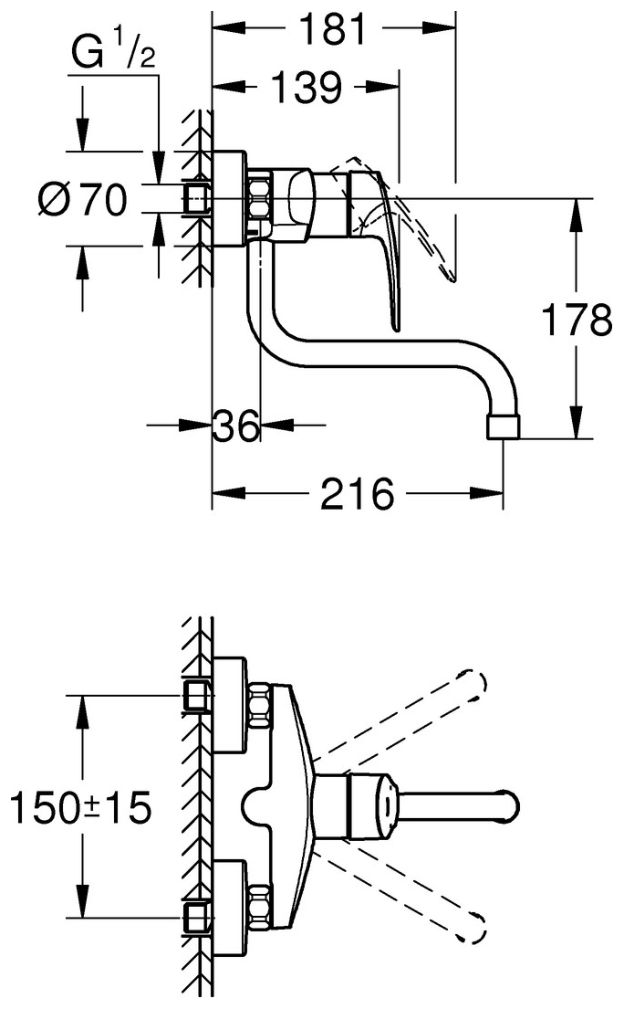 GROHE Spültischbatterie Eurosmart Wandmontage Ausladung 216mm chrom 31391003 - Bild 4