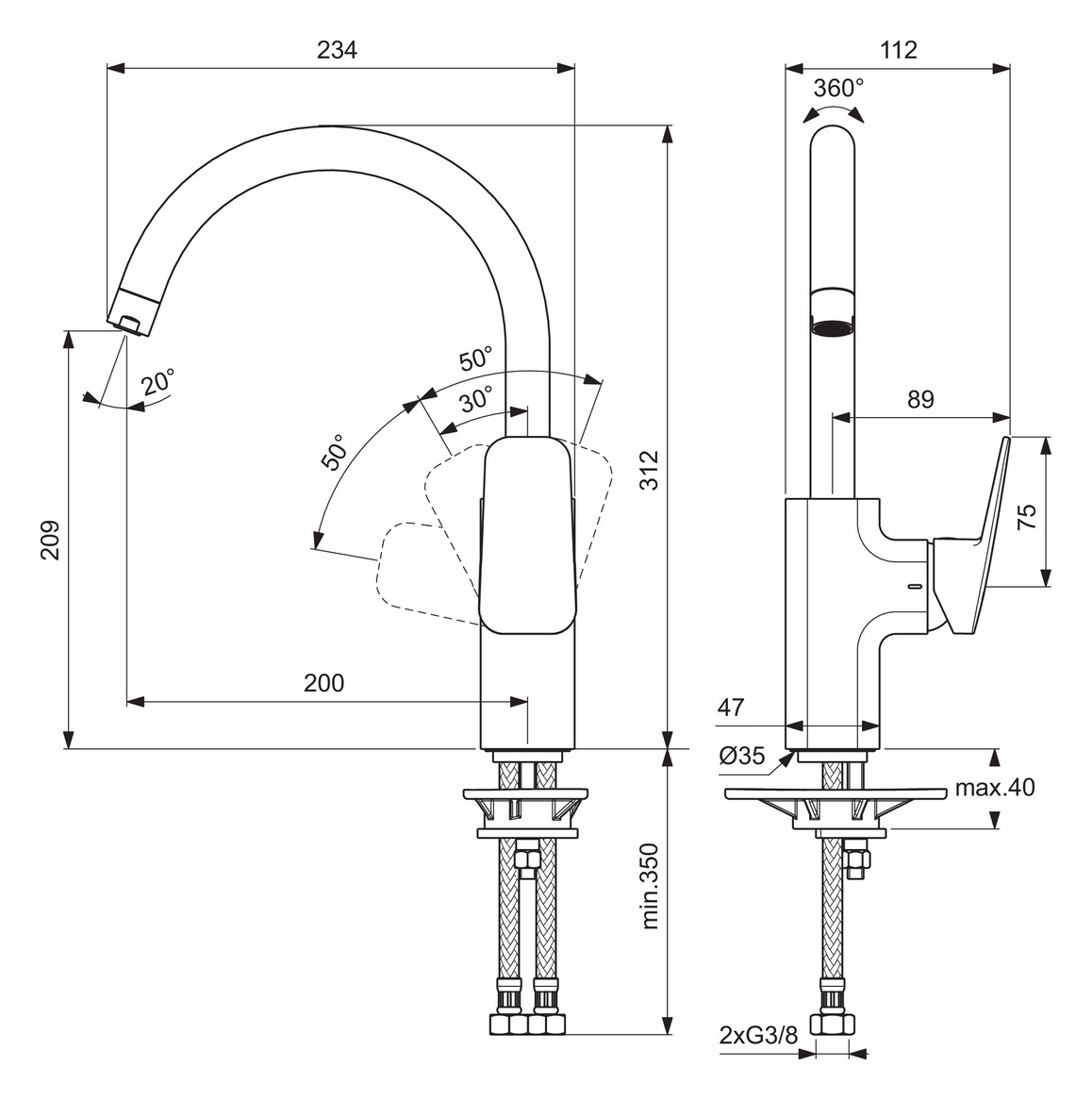 Ideal Standard Ceraplan Küchenarmatur Chrom Ausladung 200mm BD334AA - Bild 6