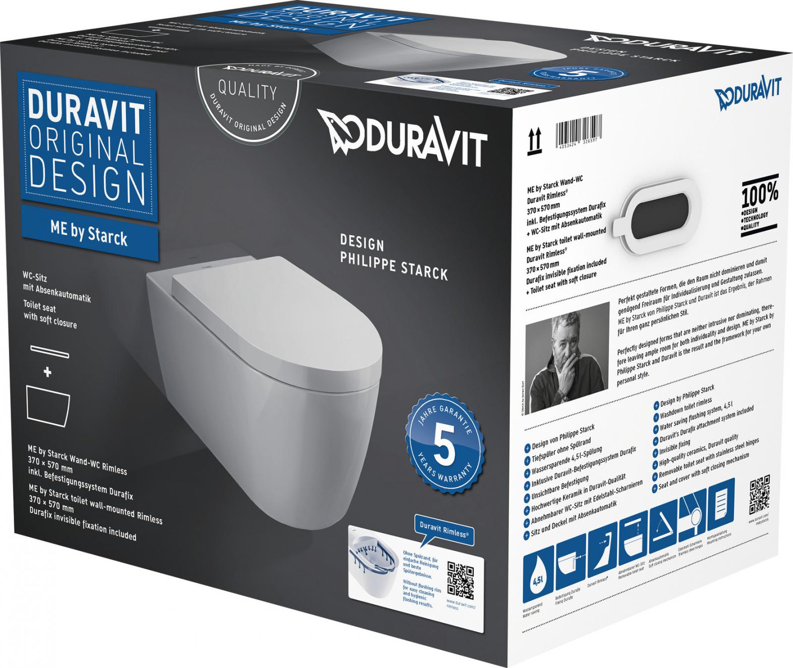 Duravit ME by Starck Wand-WC Rimless Set spülrandlos weiß, mit WC-Sitz und Absenkautomatik - Bild 1