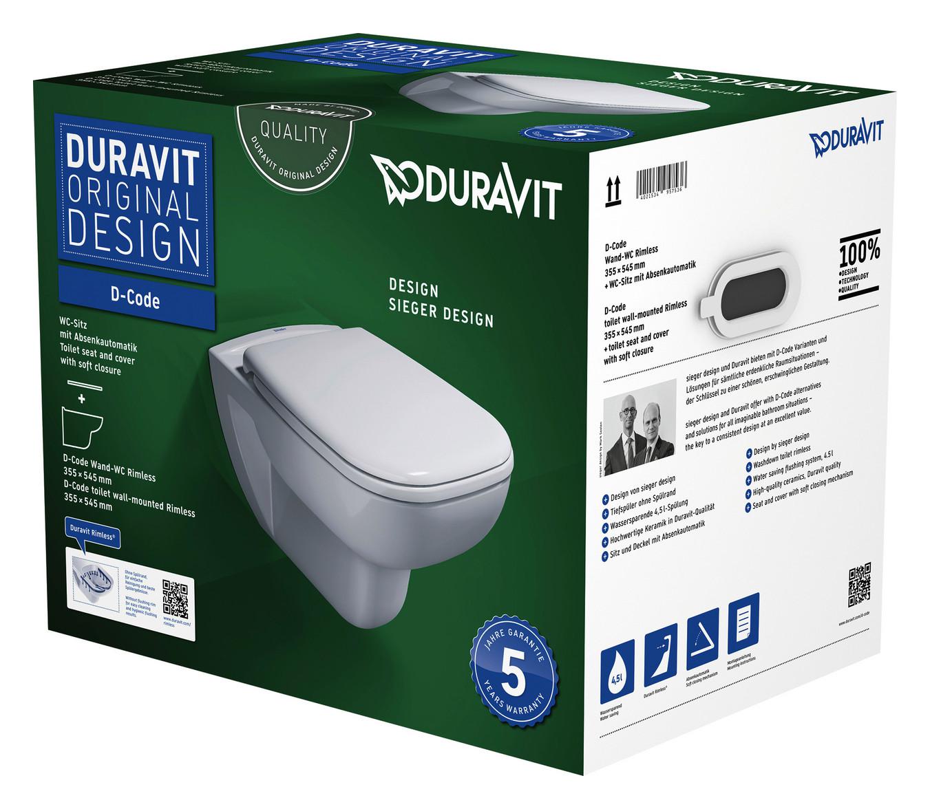 Duravit Wand-WC Set D-Code, rimless, TS,weiß, inkl. WC-Sitz mit Absenkautomatik - Bild 1