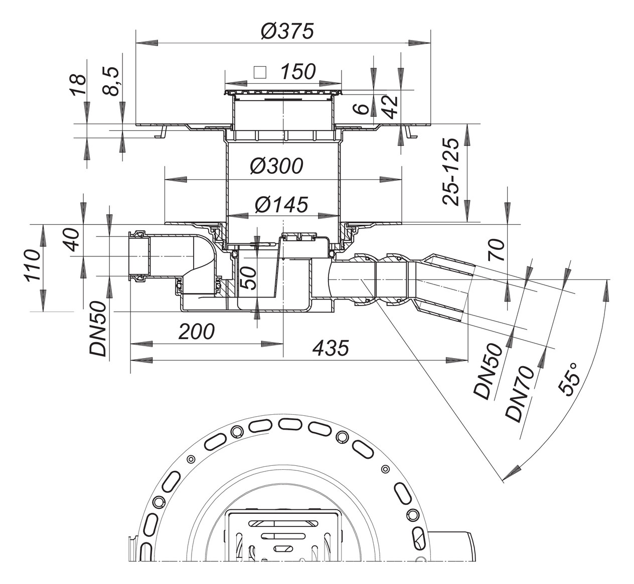 DALLMER Dünnbett-Bodenablauf 55 VC DN 50/ DN 70 Edelstahl-Rost 150x150 mm 563224 - Bild 2