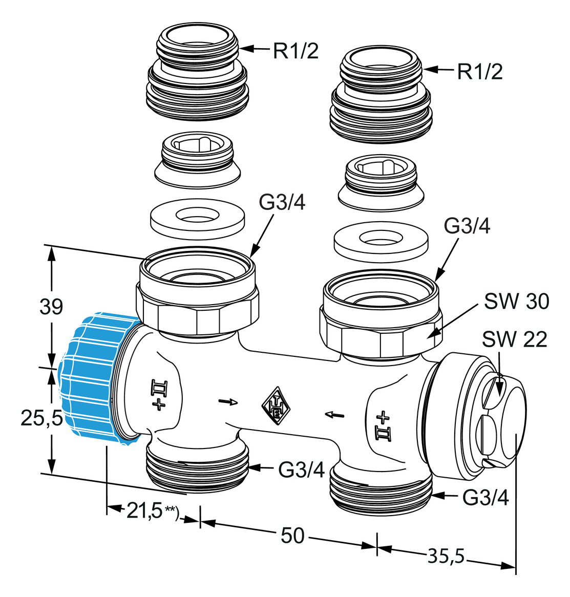 Heimeier Multilux 1-Rohr-Thermostat-Ventilunterteil DN 20 Durchgang IG 1/2'' 3854-02.000 - Bild 2