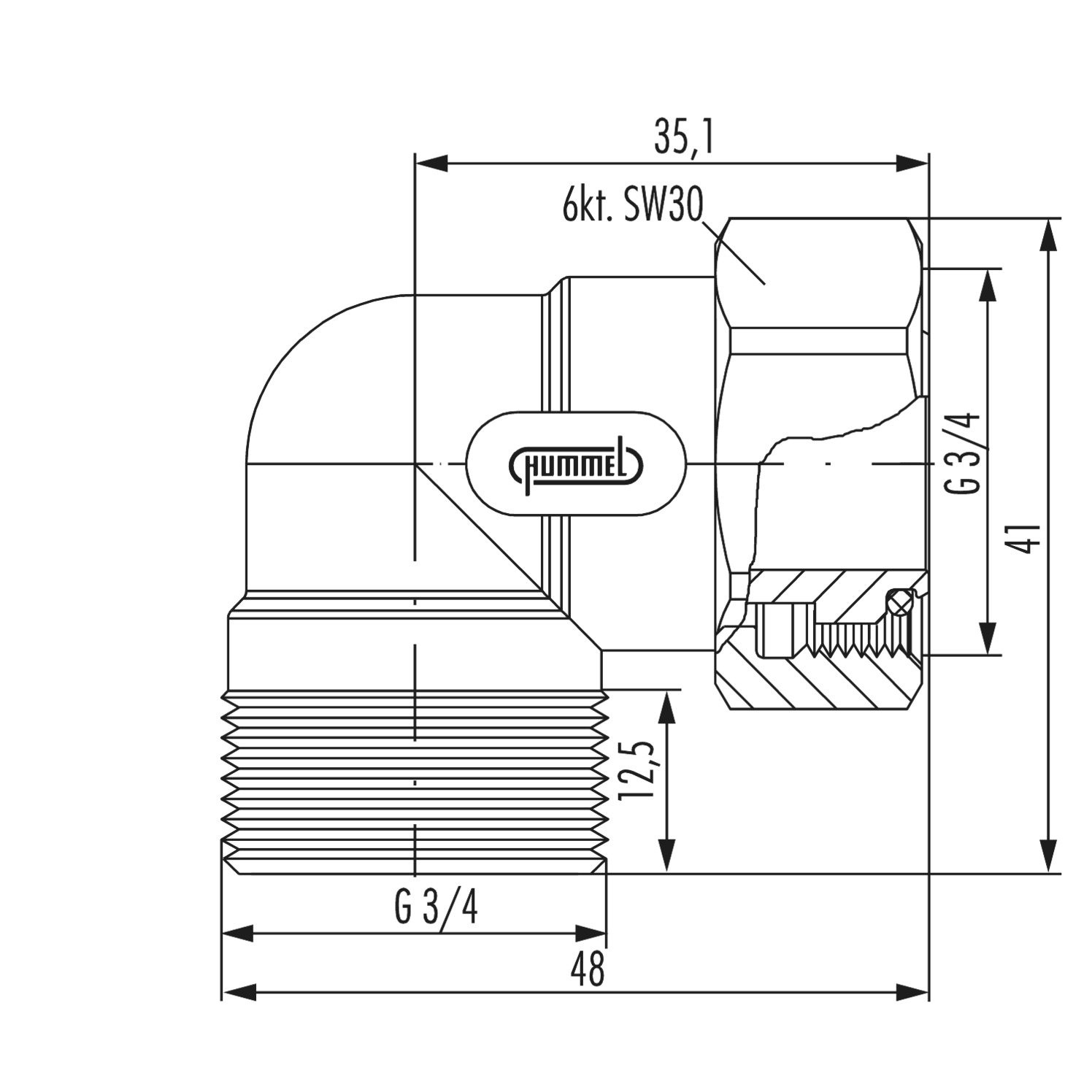 Hummel Kupplungswinkel mit Eurokonus G 3/4'' und Überwurfmutter G 3/4'' Messing vernickelt