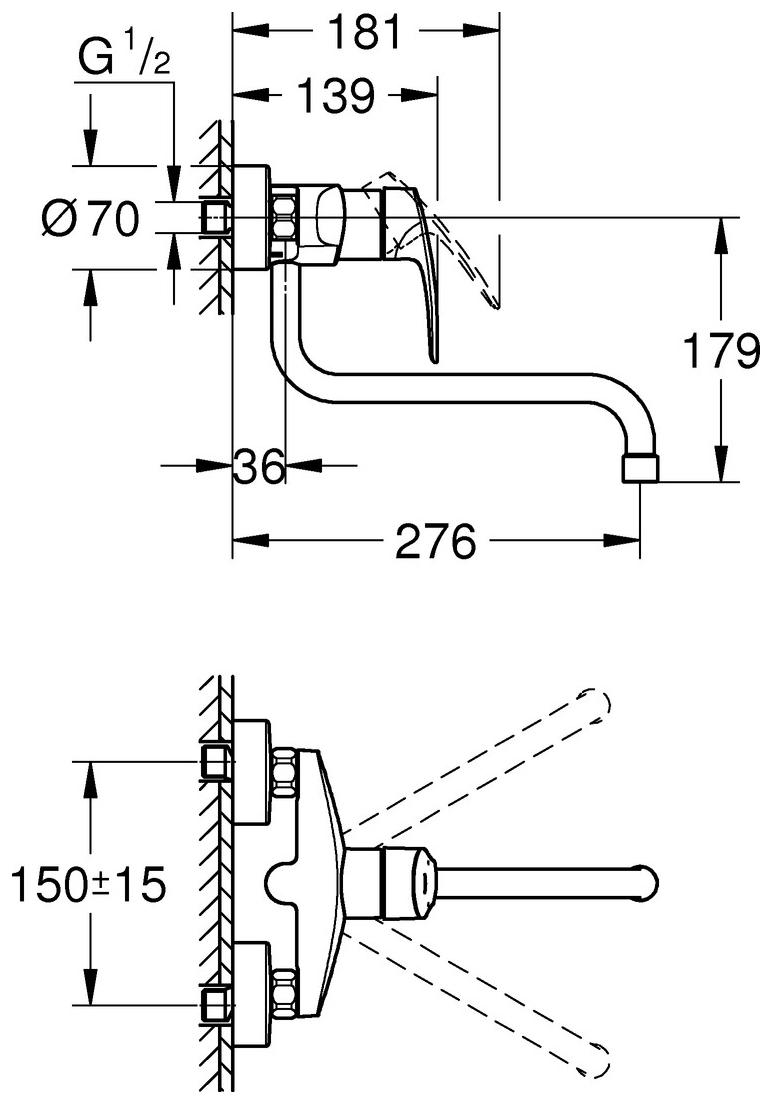 GROHE Spültischbatterie Eurosmart Wandmontage Ausladung 276mm chrom 32224003 - Bild 4