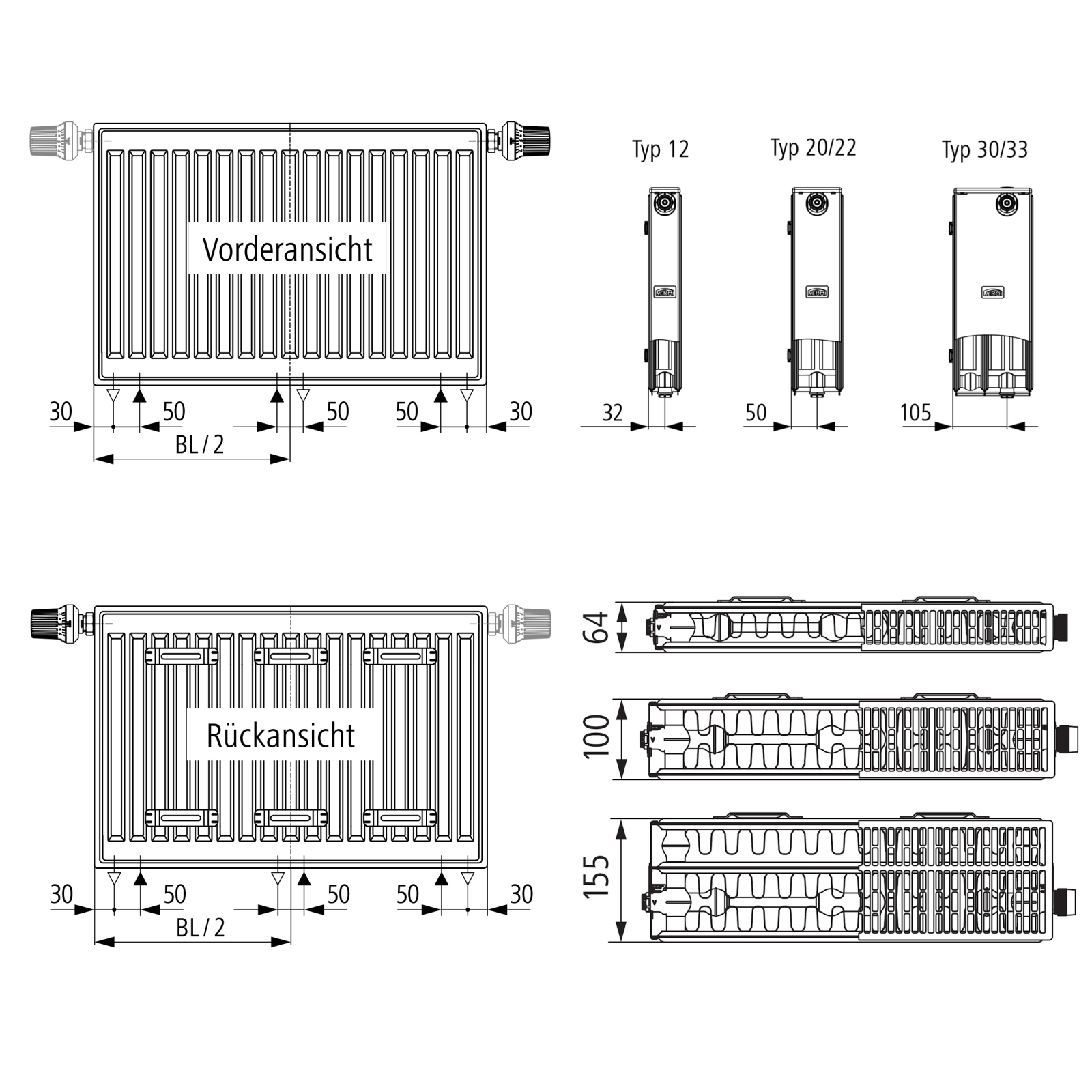 Kermi therm-x2 Profil-Vmulti Typ 33 600x1300mm Ventilheizkörper Weiß inkl. Bohrkonsolenset QN2907