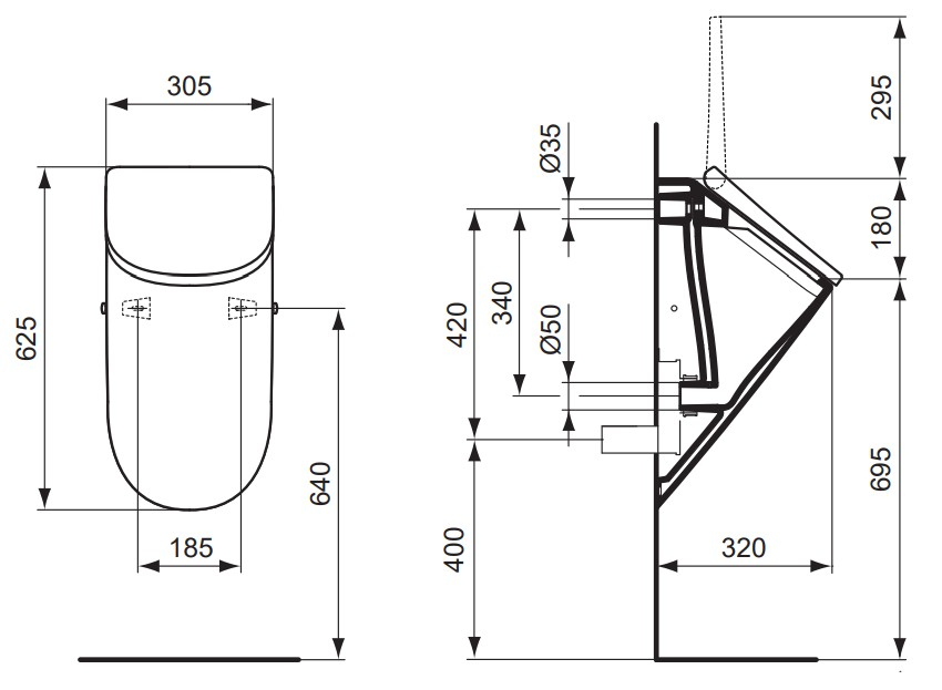 VIGOUR Urinal derby V3 PflegetectPlus weiss spülrandlos, verdeckter Zulauf