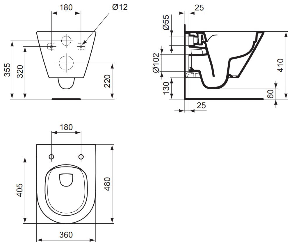 VIGOUR Wand-Tiefspül-WC derby V3 Kompakt 48cm PflegetectPlus weiss, spülrandlos, Absenkautomatik