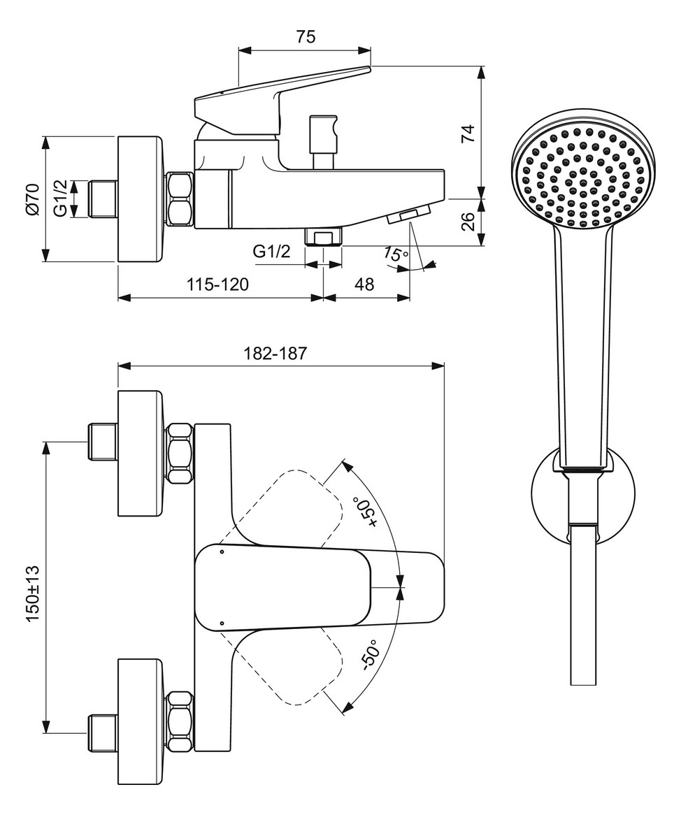 Ideal Standard Ceraplan Badearmatur mit Handbrause-Set Chrom BD258AA - Bild 5